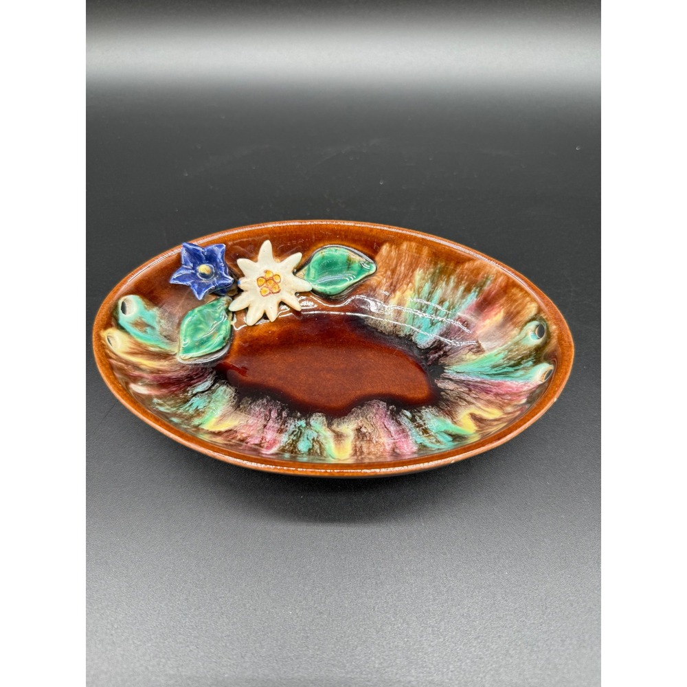 Austrian Brown Hanging Floral Ceramic Trinket Dish Colorful Accent Decor